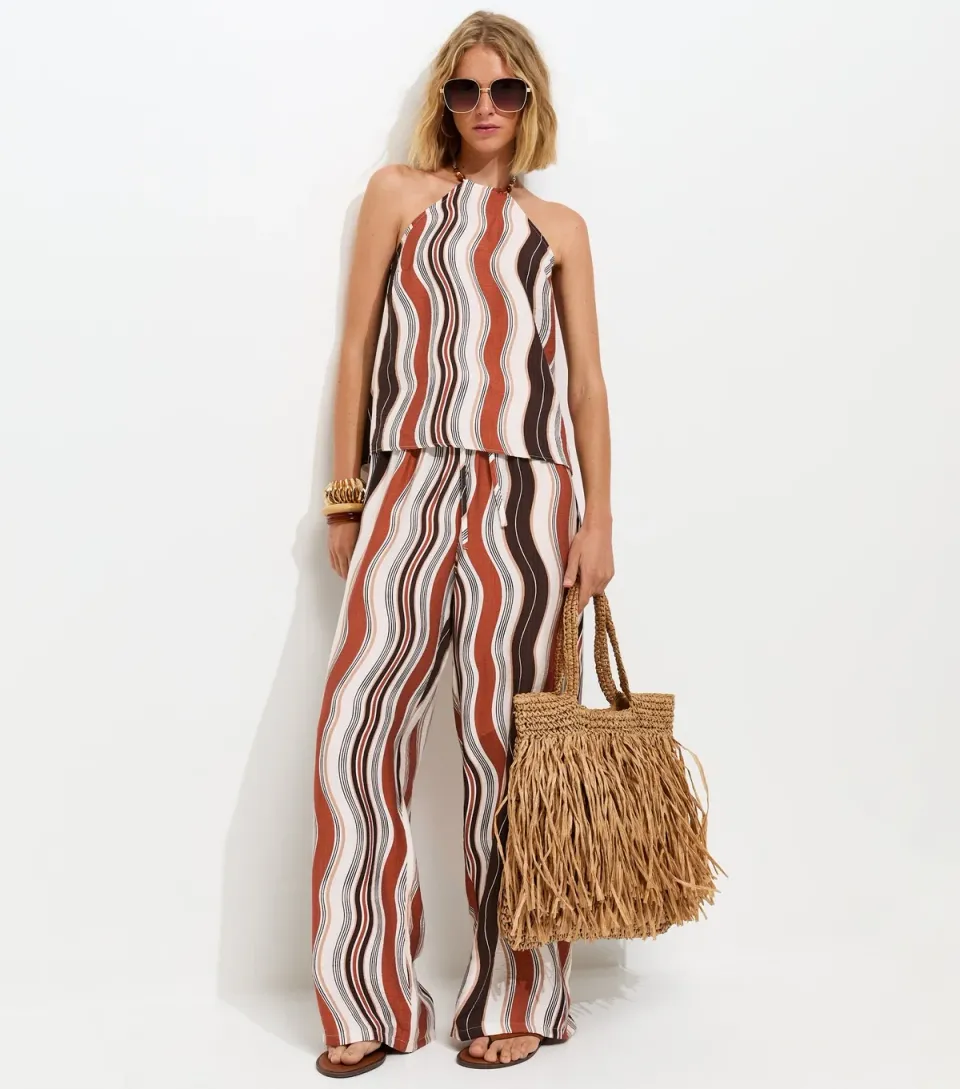 Women's Brown Wave Print Wide Leg Trousers