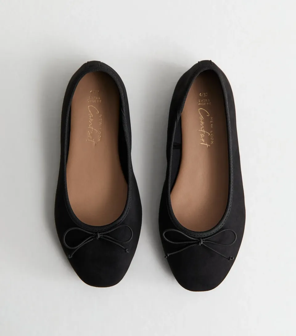 Women's Extra Wide Fit Black Faux Suede Ballet Pumps Vegan