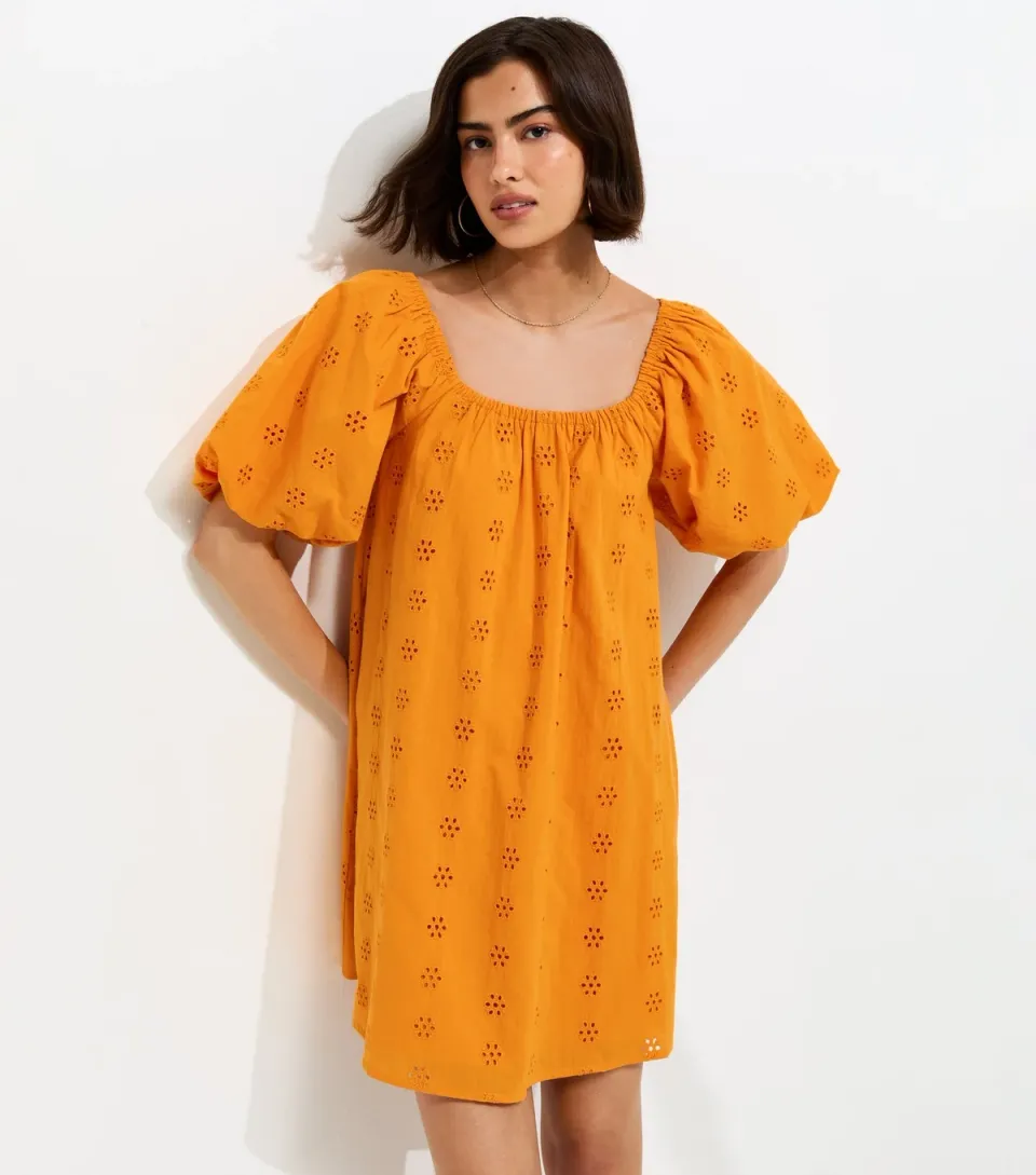 Women's Dark Yellow Cotton Puff Sleeve Smock Mini Dress