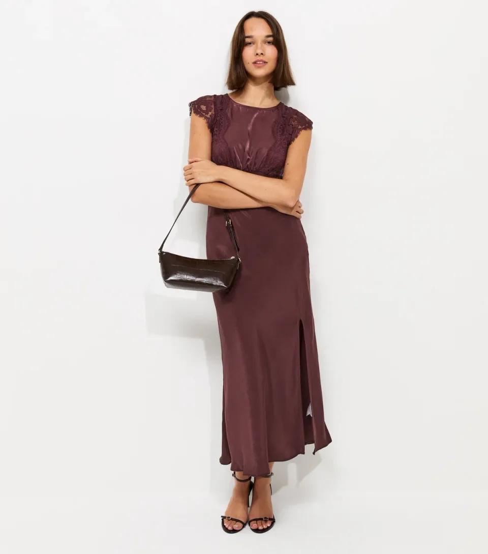 Women's Dark Burgundy Satin Lace Sleeve Split Midi Dress
