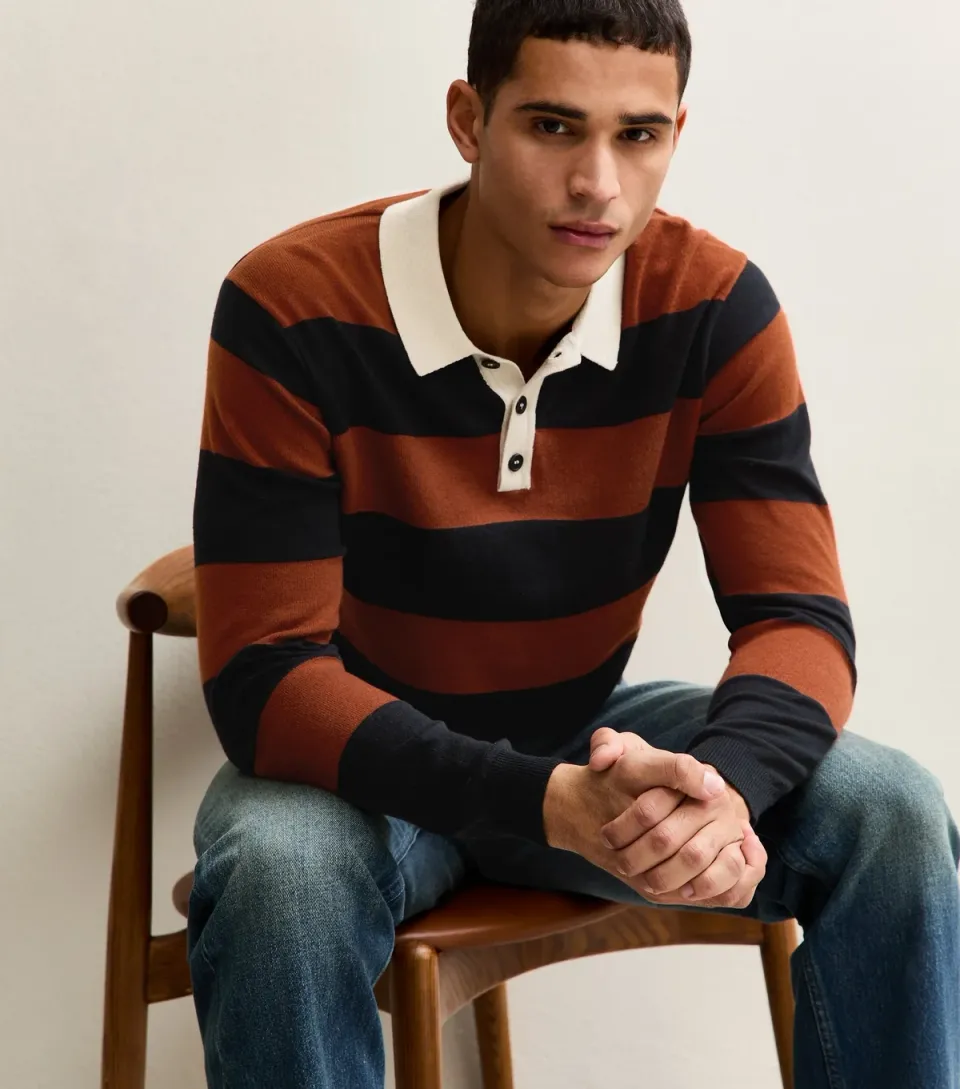 Men's Orange Relaxed Striped Knit Polo Top