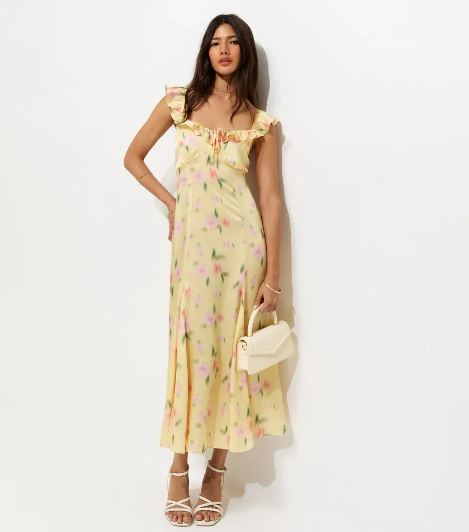 Women's Yellow Floral Print Ruffle Trim Satin Midi Dress