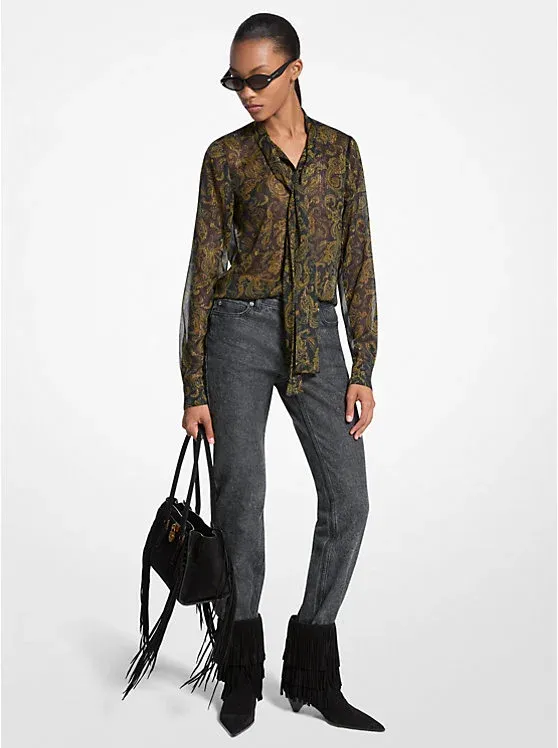 Metallic Paisley Print Tie-Front Georgette Blouse