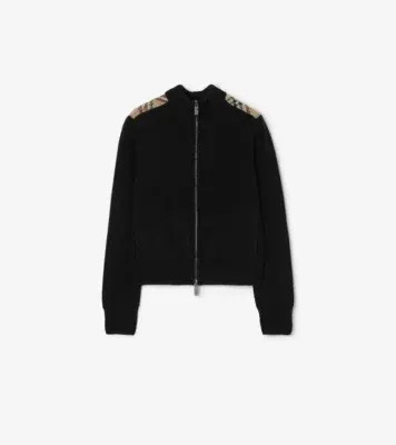 Check Patch Wool Cashmere Cardigan in Black