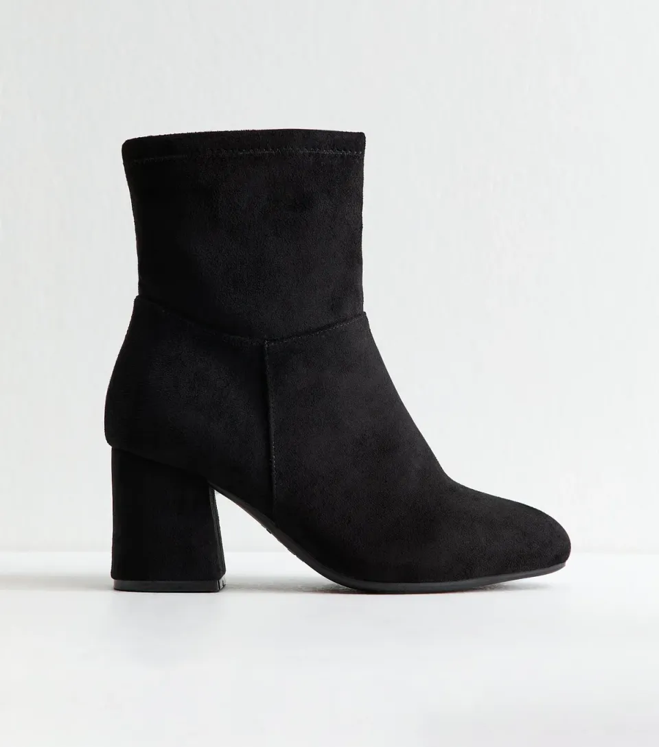 Women's Extra Wide Fit Black Faux Suede Sock Ankle Boots Vegan