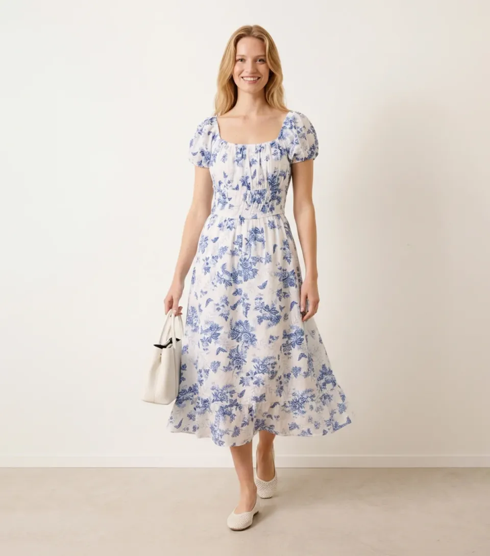 Women's Blue Cotton Floral Puff Sleeve Midi Dress