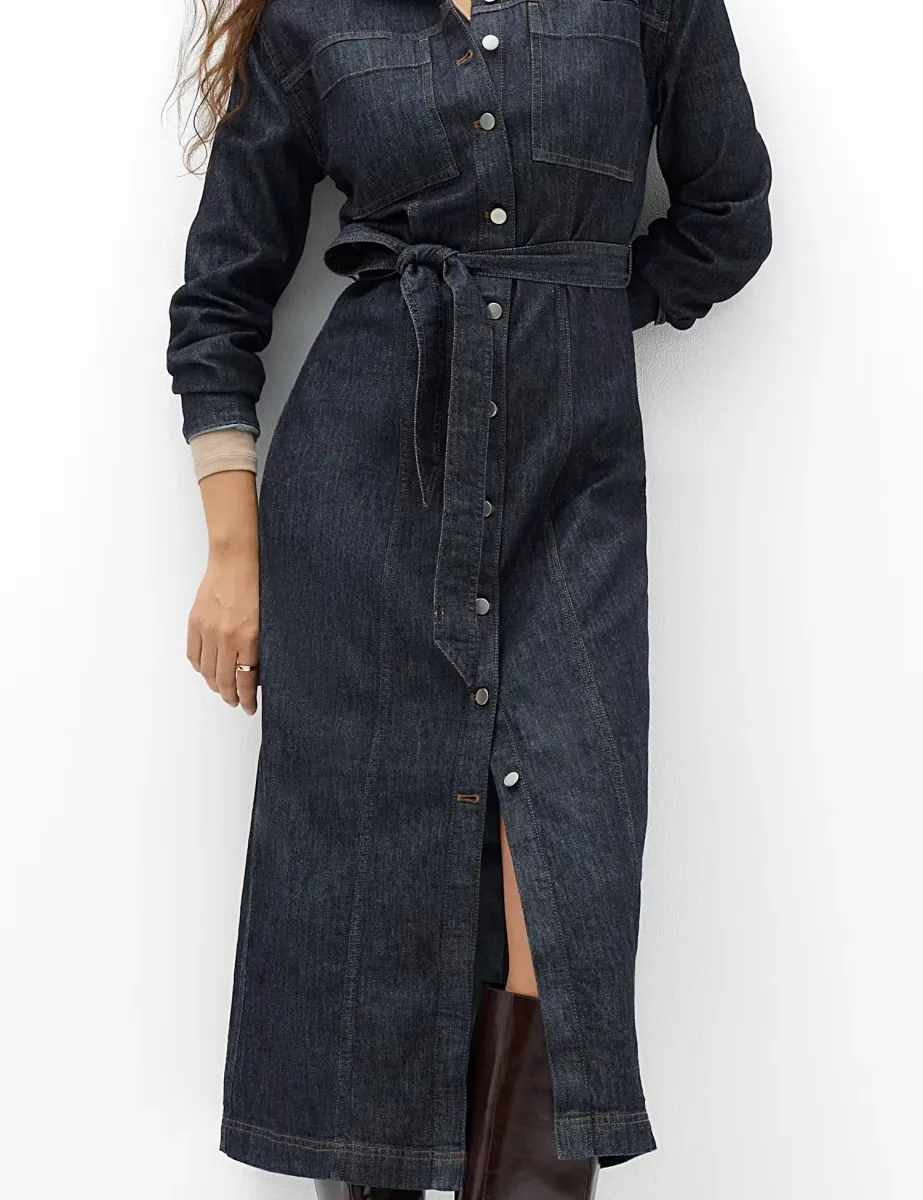 Denim Funnel Neck Midi Column Dress Denim