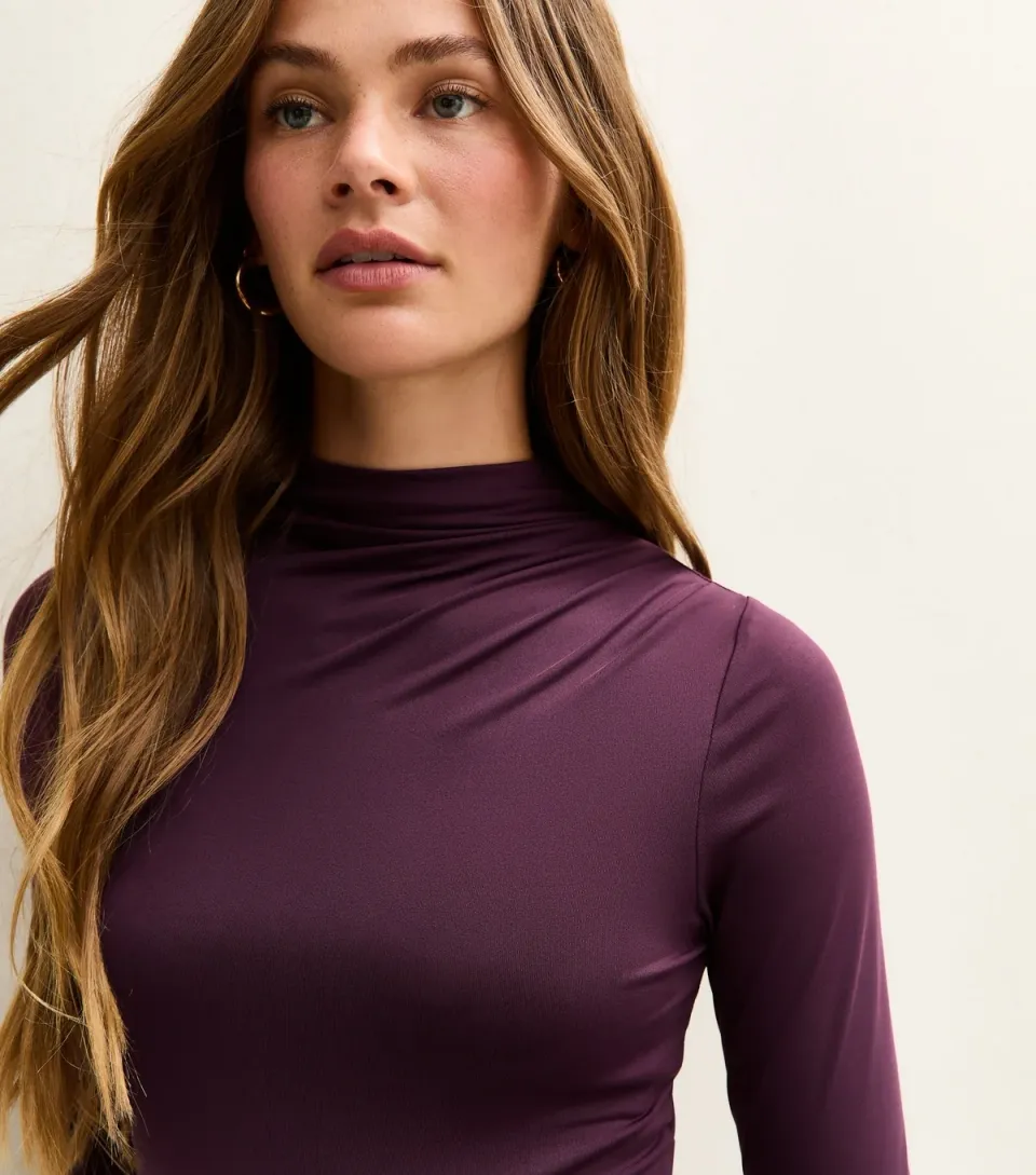 Women's Dark Burgundy Jersey Gathered Neck Slinky Bodysuit
