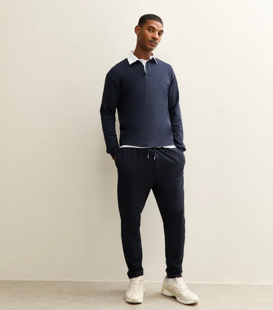 Men's Navy Pique Jersey Pintuck Tapered Leg Regular Fit Joggers