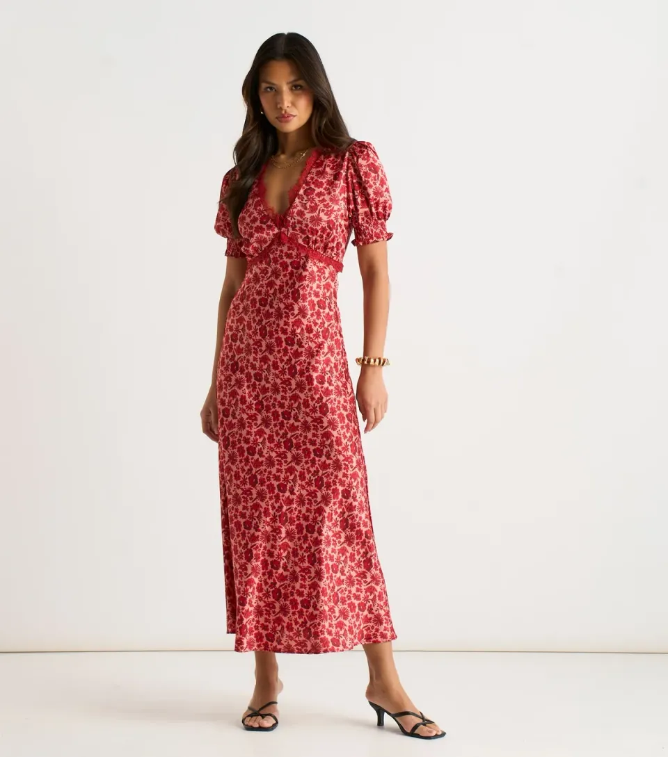 Women's Red Floral Lace Trim Midi Dress