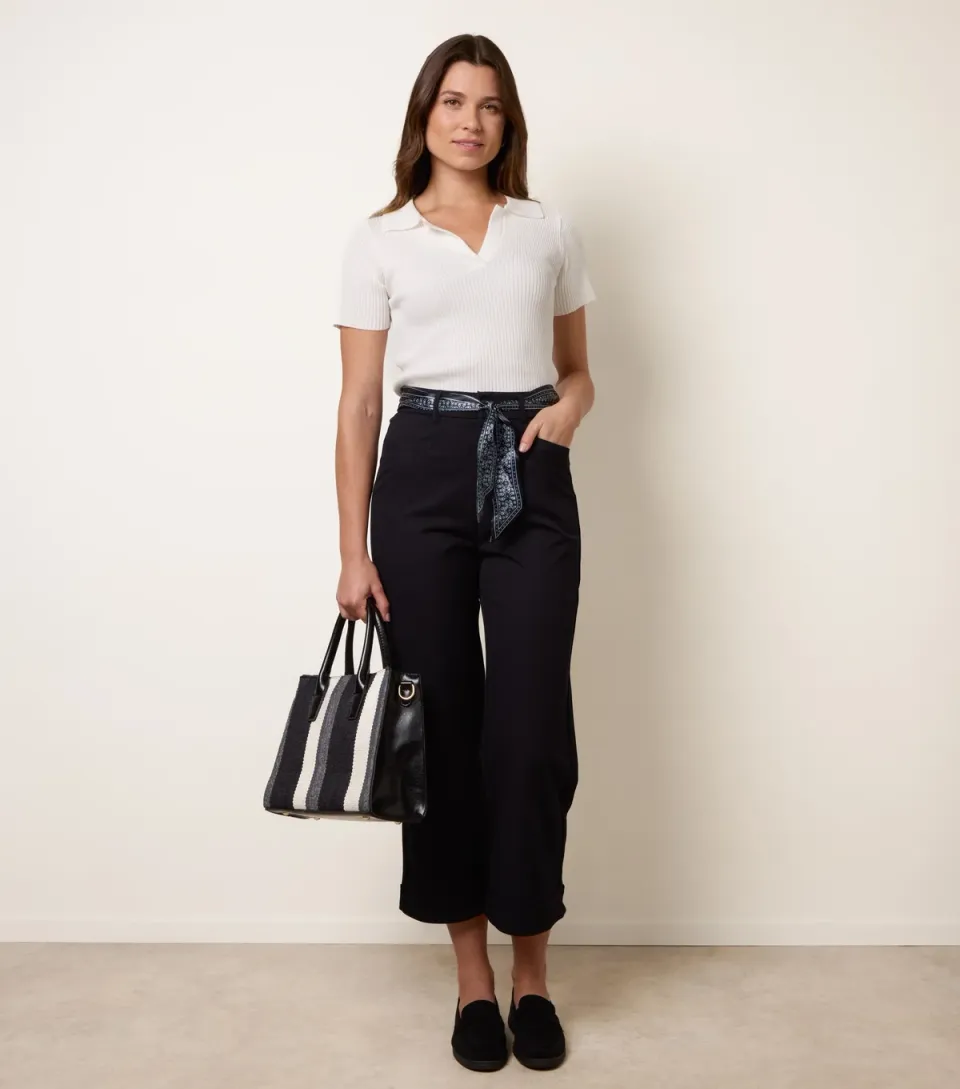 Women's Navy Cropped Scarf Belt Trousers