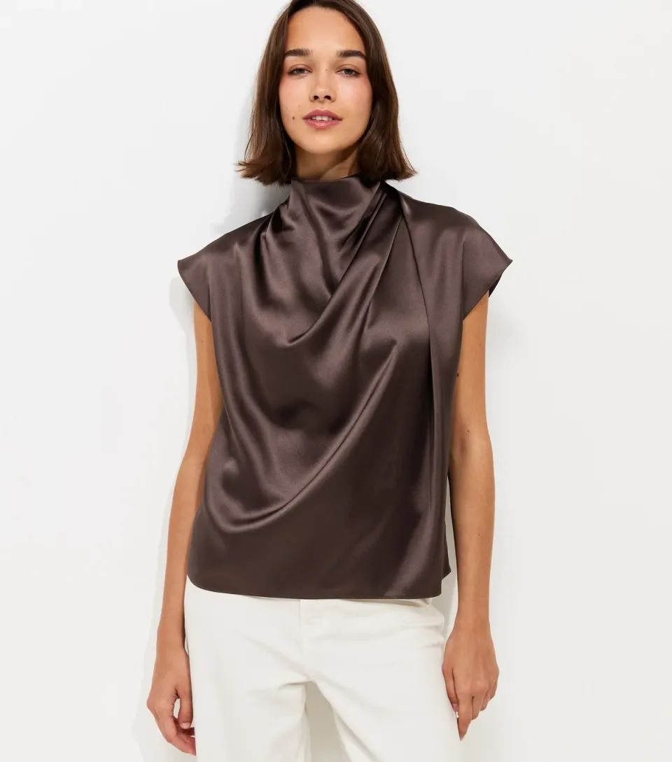 Women's Dark Burgundy Satin Cowl Neck Sleeveless Top