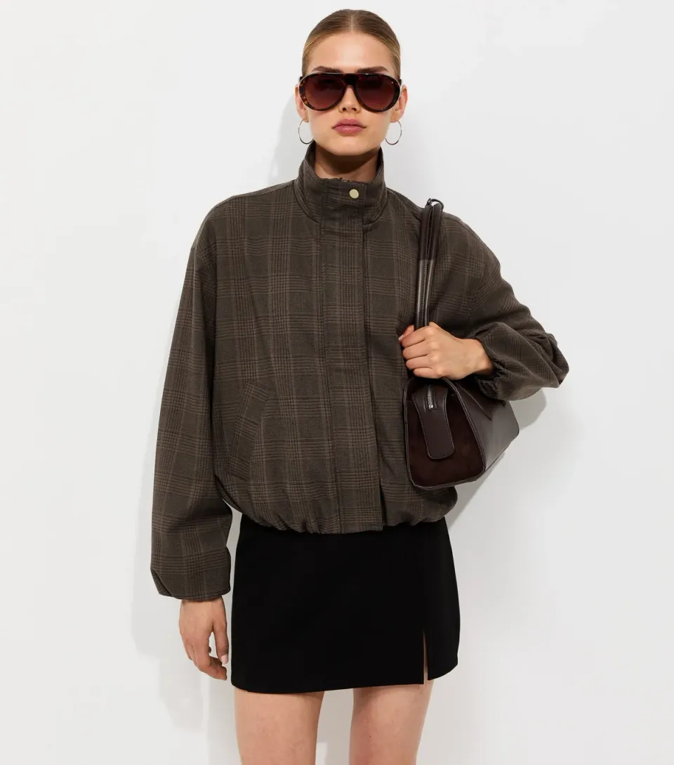Women's Brown Checked Bubble Hem Jacket