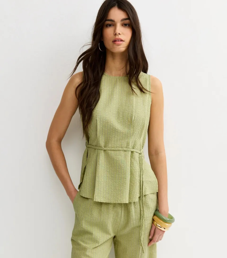 Women's Green Pinstripe Longline Belt Tunic Top