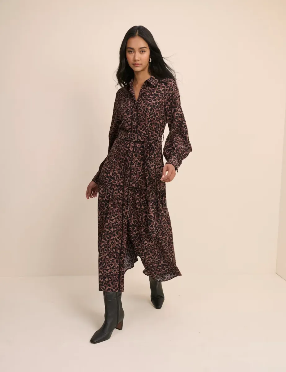 Animal Print Tie Waist Midaxi Shirt Dress Brown