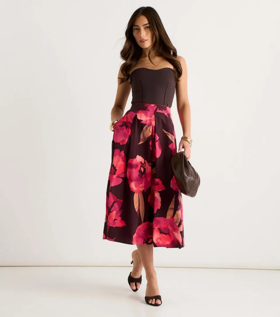 Women's Brown Floral Pleated Midi Skirt