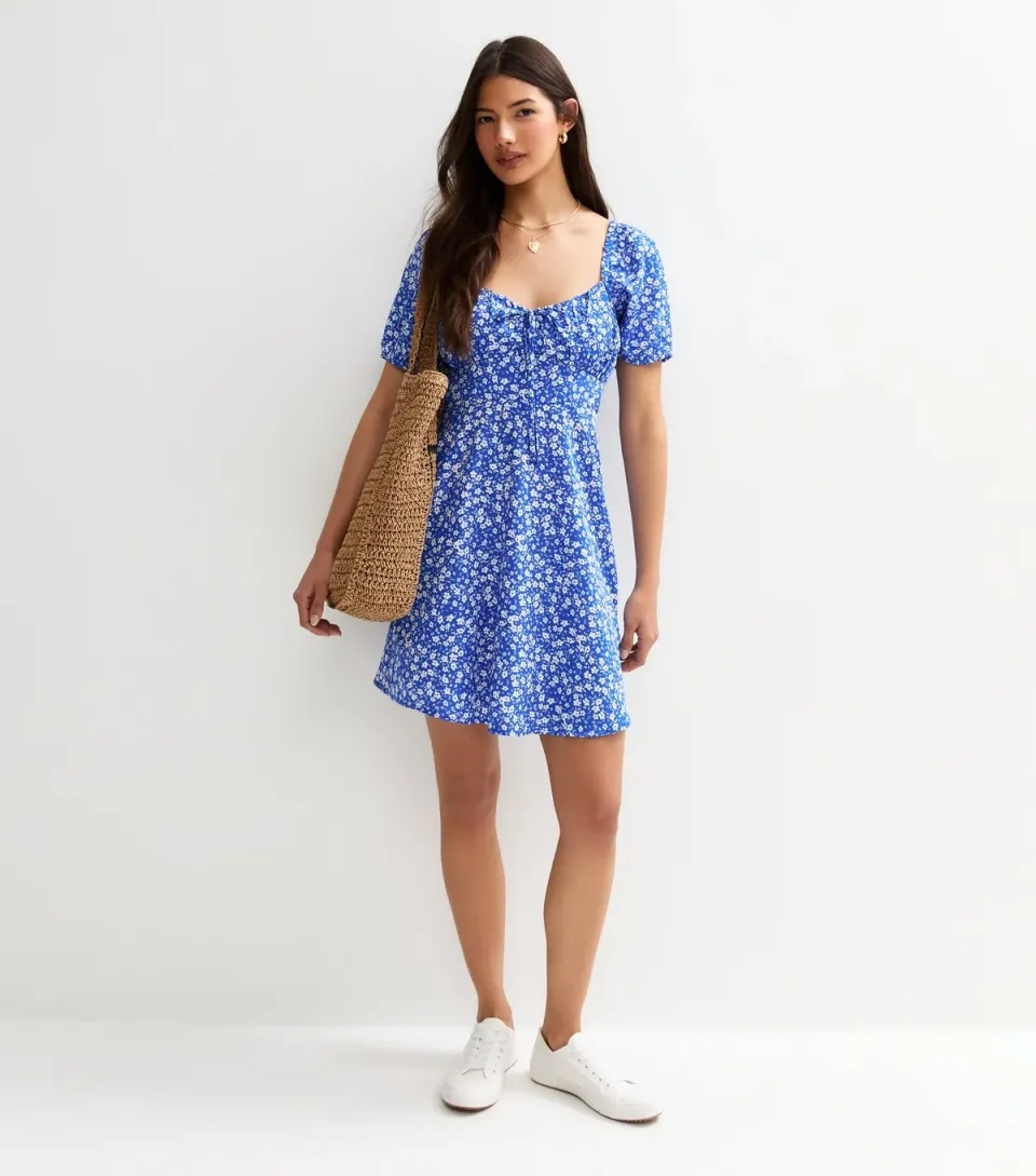 Women's Blue Floral Print Mini Dress