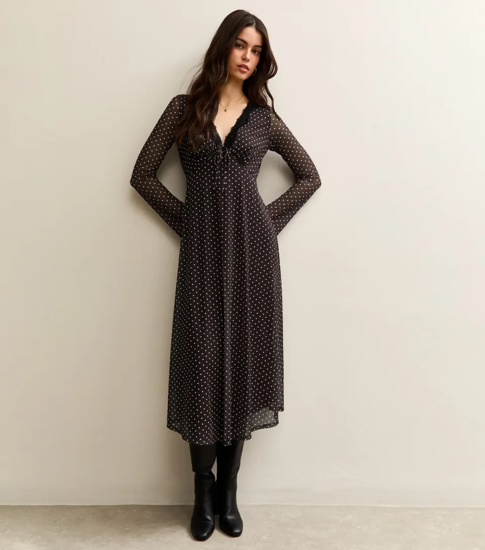 Women's Burgundy Polka Dot Long Sleeve Lace Mesh Midi Dress