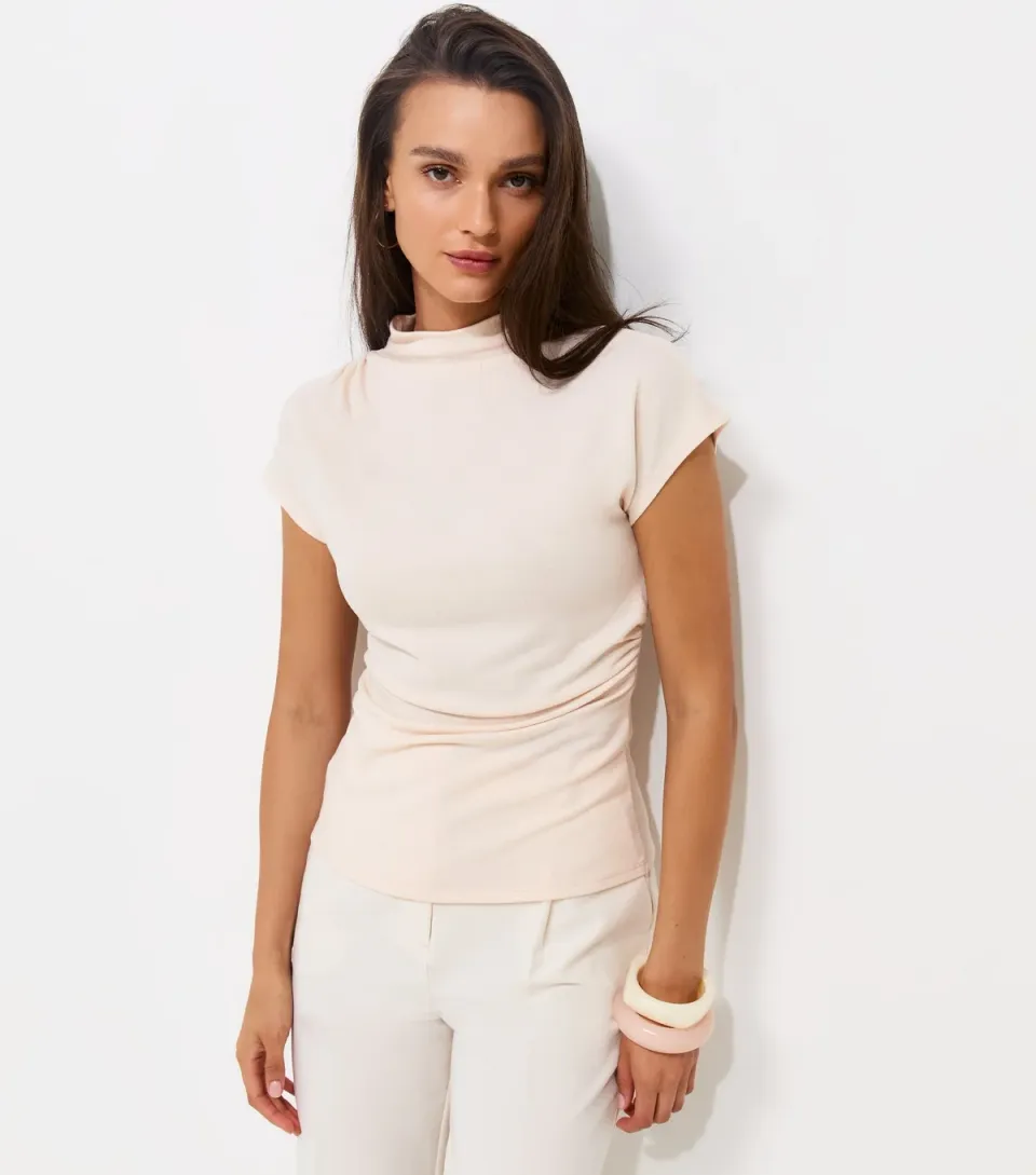 Women's Light Grey Soft Touch Draped High Neck T-Shirt