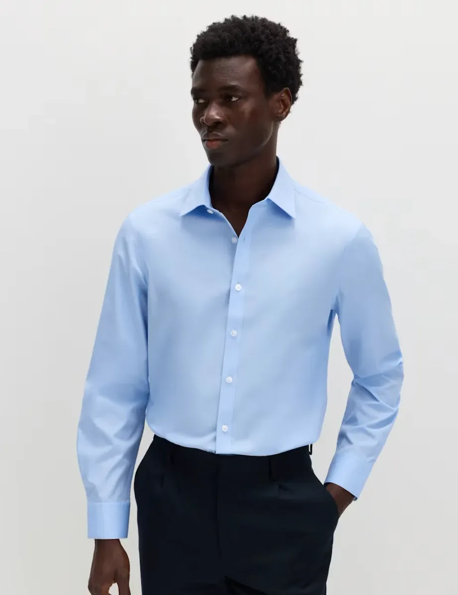 Slim Fit Easy Iron Cotton Blend Shirt Mid Blue