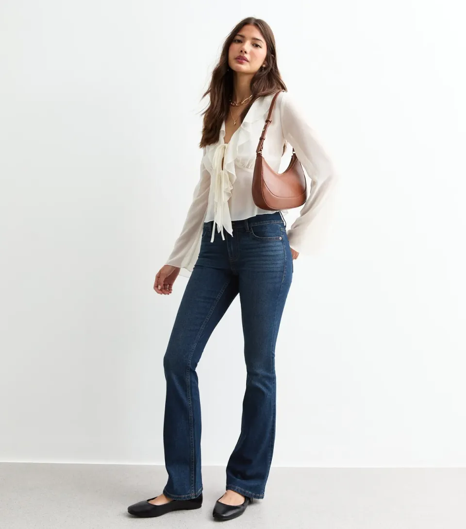 Women's Navy Double Waistband Flared Jeans