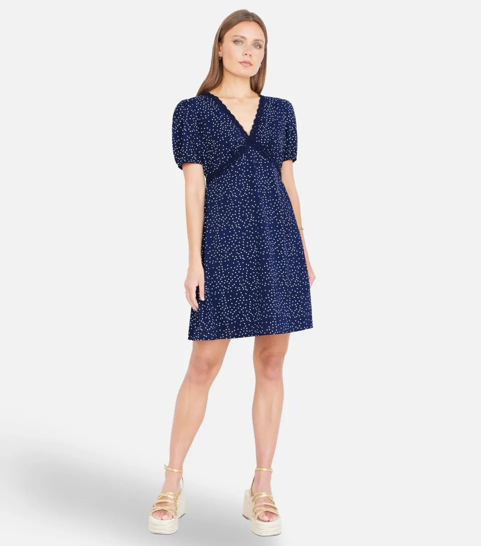 Women's Navy Spot Print Lace Trim Mini Dress