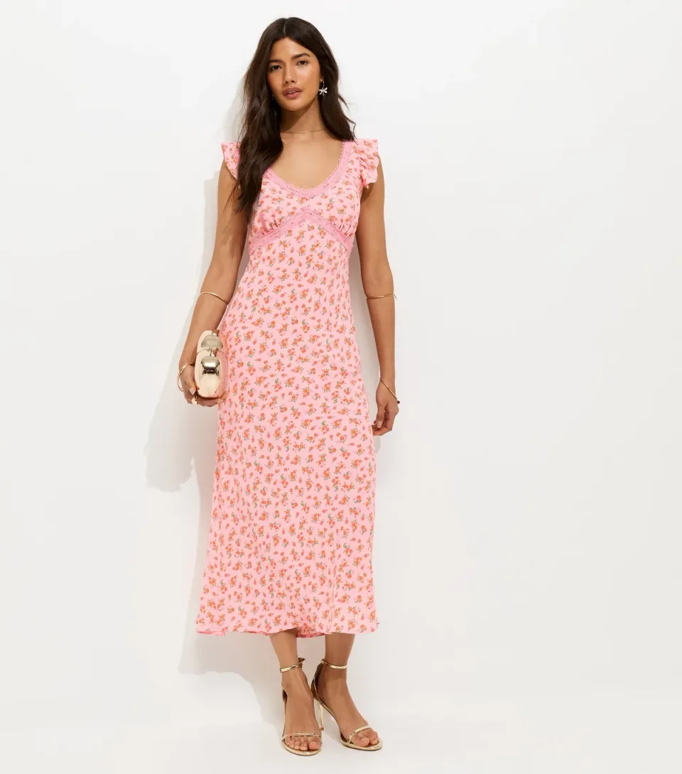 Women's Pink Floral Print Lace Trim Midi Dress