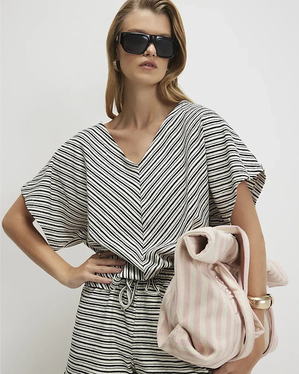 Cotton Stripe V Neck Batwing T-Shirt