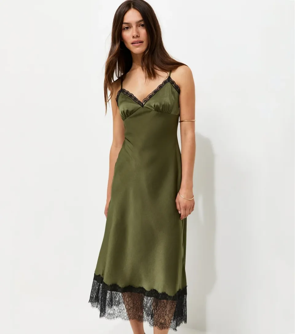 Women's Petite Light Green Satin Lace Trim Strappy Midi Dress