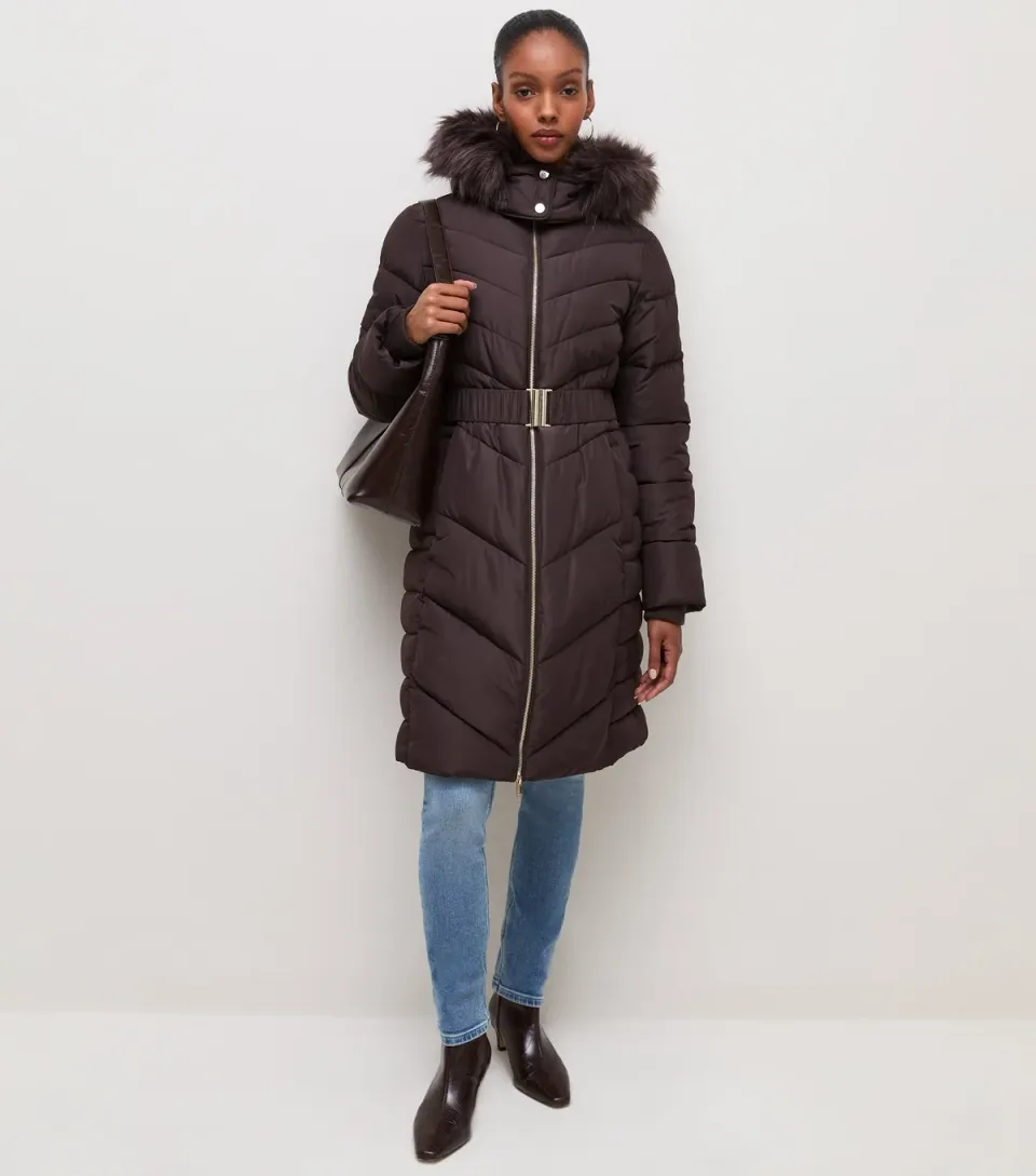 Women's Dark Burgundy Longline Faux Fur Trimmed Hooded Coat