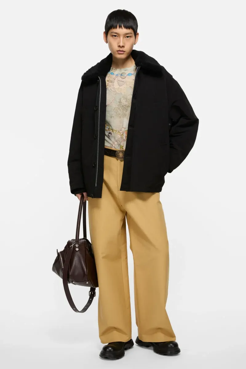 Nylon jacket with shearling collar