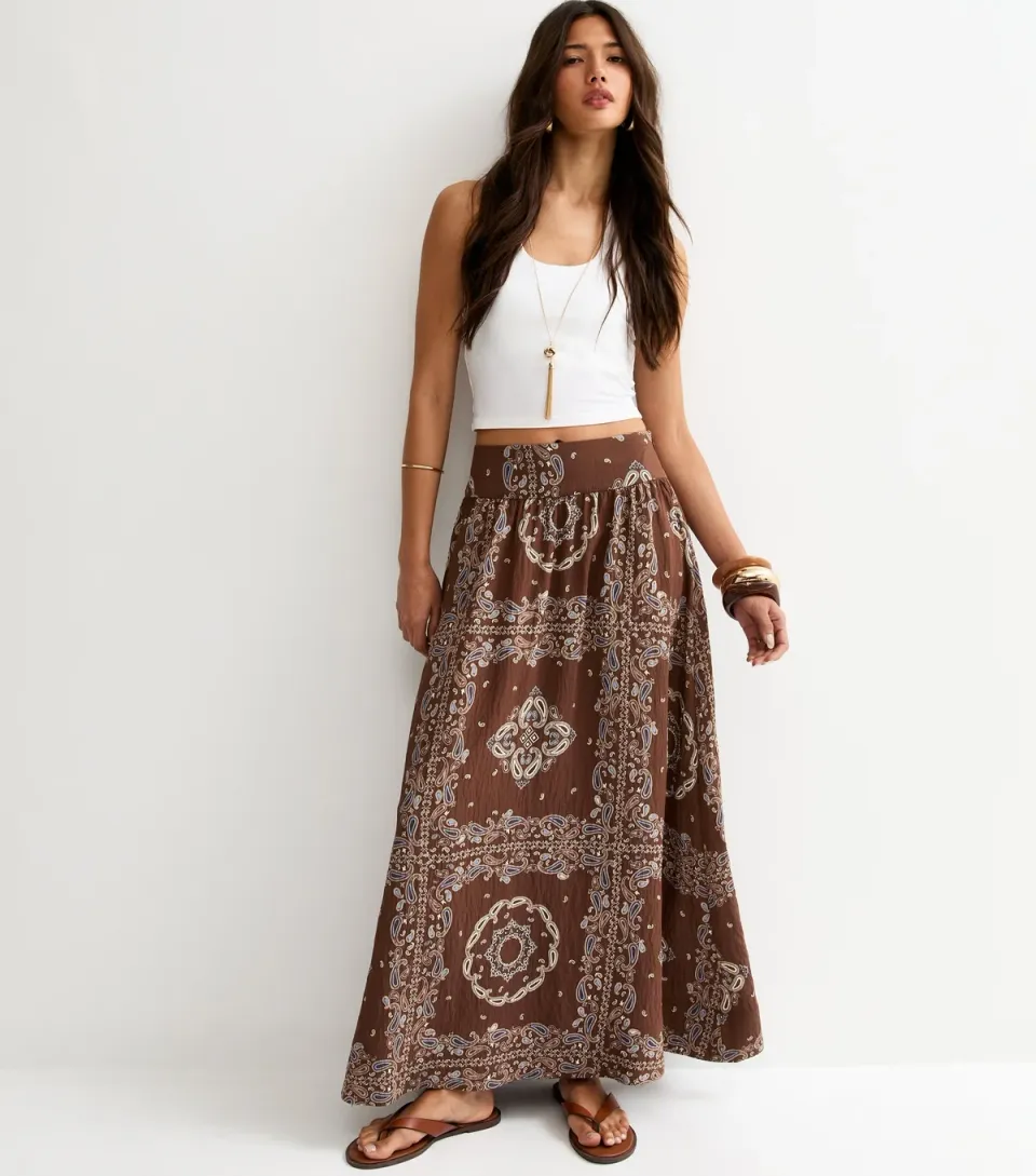 Women's Brown Bandana Print Maxi Circle Skirt