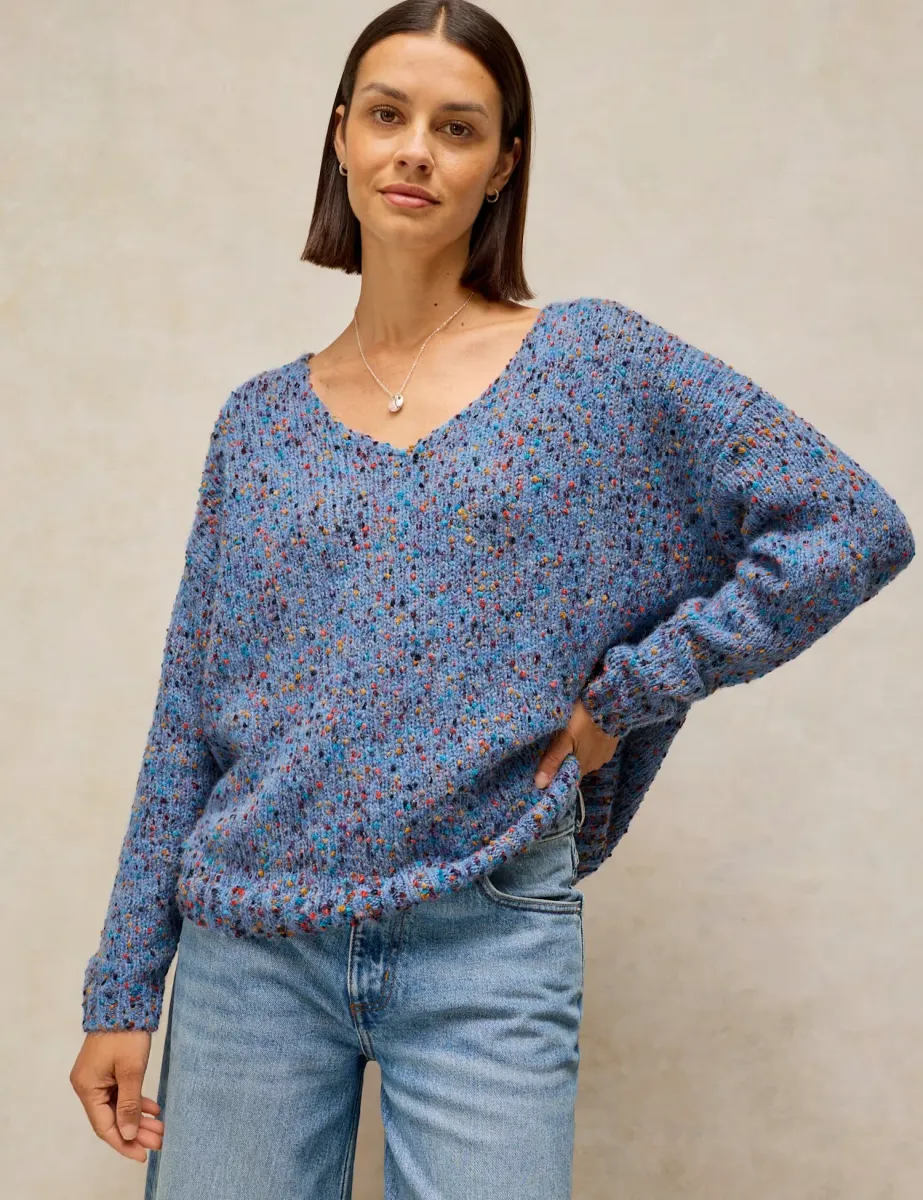 Textured Flecked V-Neck Jumper with Wool Blue