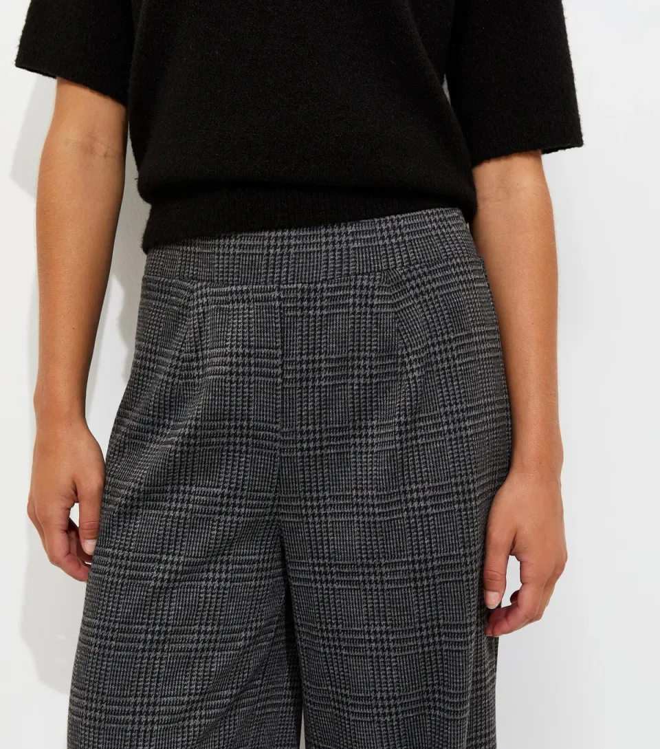 Women's Petite Black Checked Jersey Wide Leg Trousers