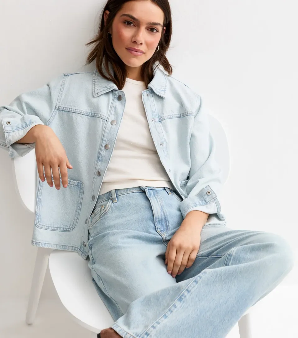 Women's Petite Light Blue Wash Denim Shacket