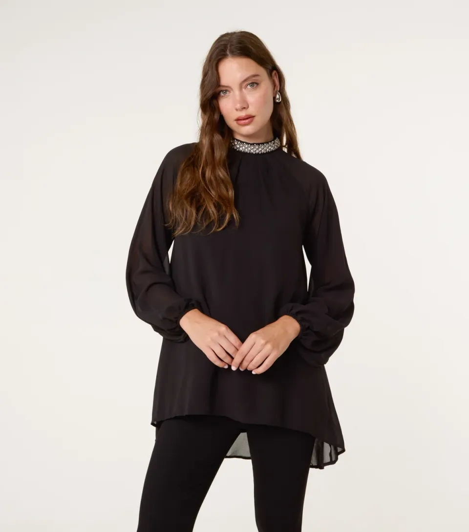 Women's Black Embellished Collar Tunic Top