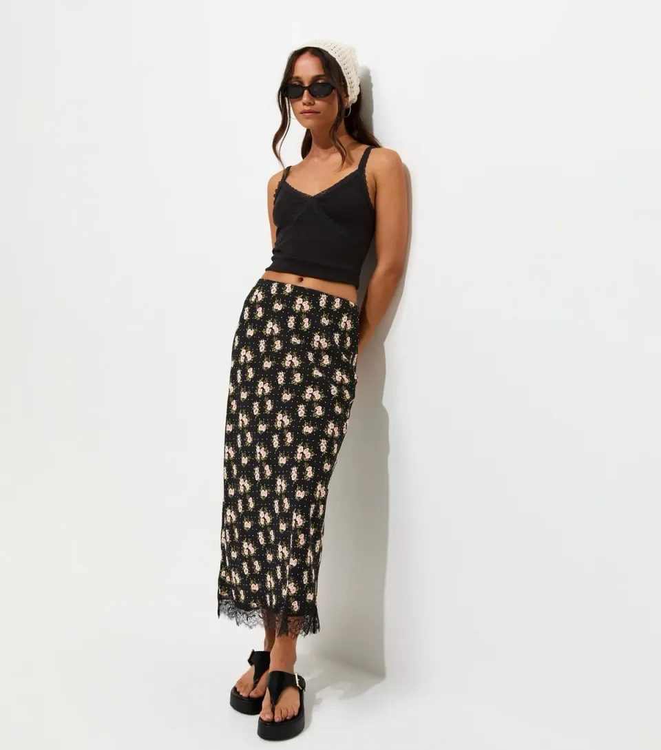 Women's Black Floral Print Lace Trim Midi Skirt