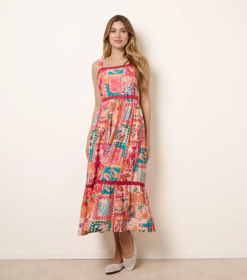 Women's Orange Postcard Print Midi Dress