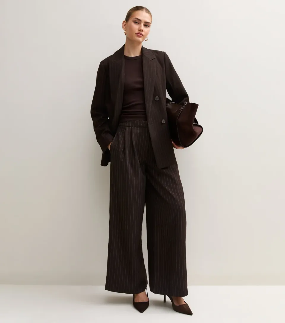 Women's Brown Pinstripe Tailored Wide Leg Trousers
