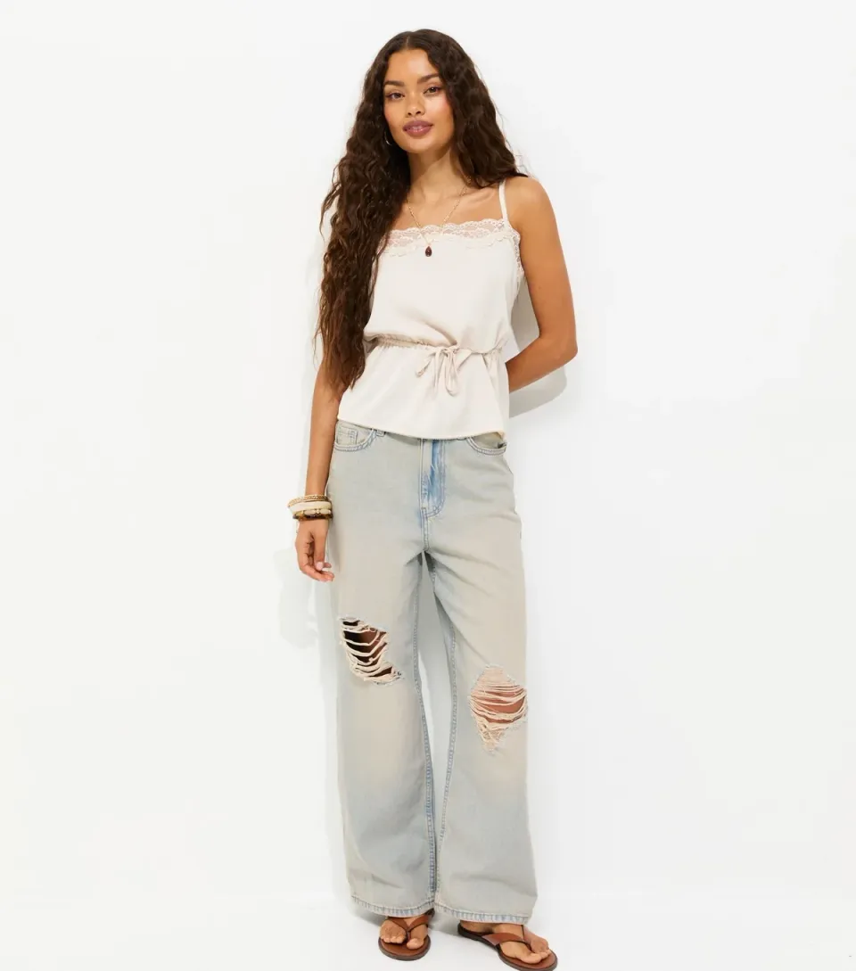 Women's Petite Blue Vintage Tint High Waist Ripped Adalae Wide Leg Jeans