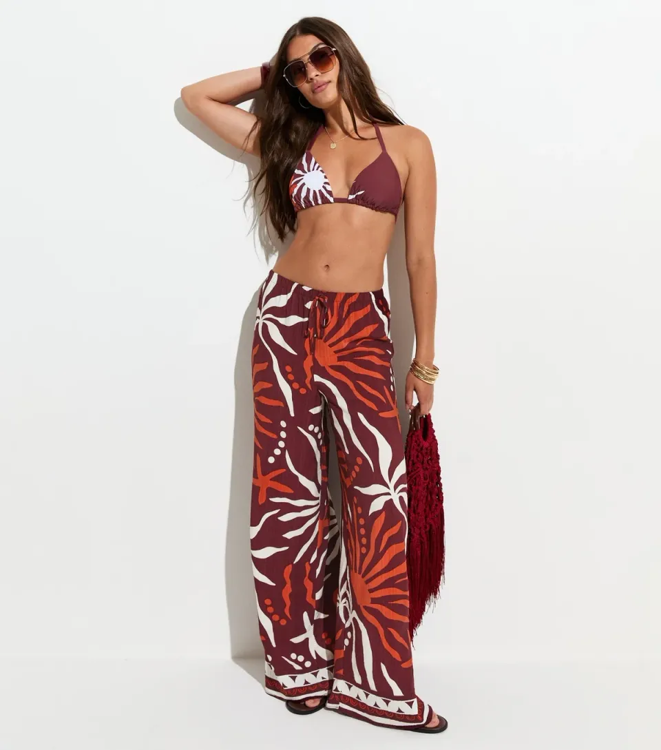 Women's Brown Sun Print Beach Wide Leg Trousers