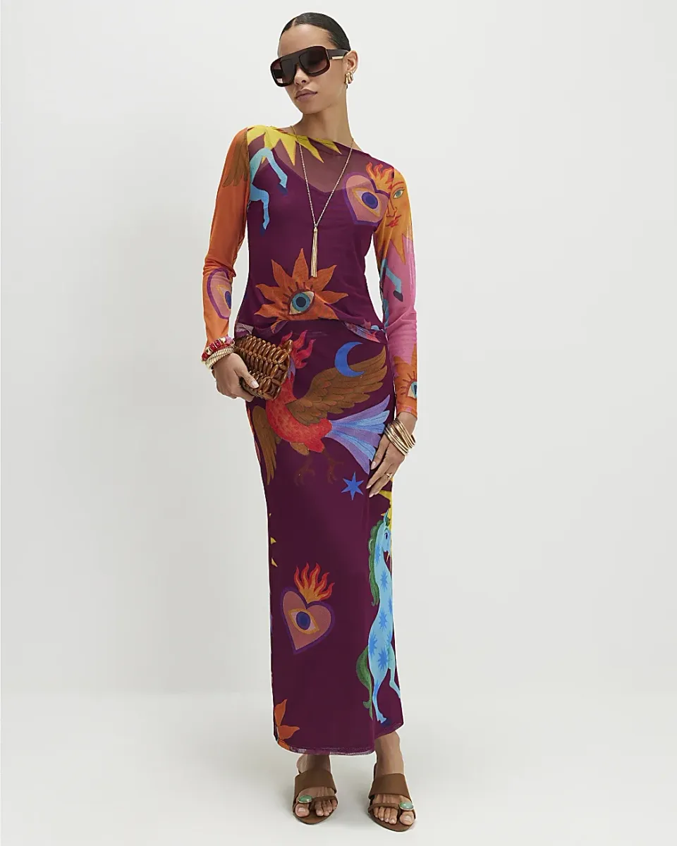 Sun Print Mesh Maxi Skirt