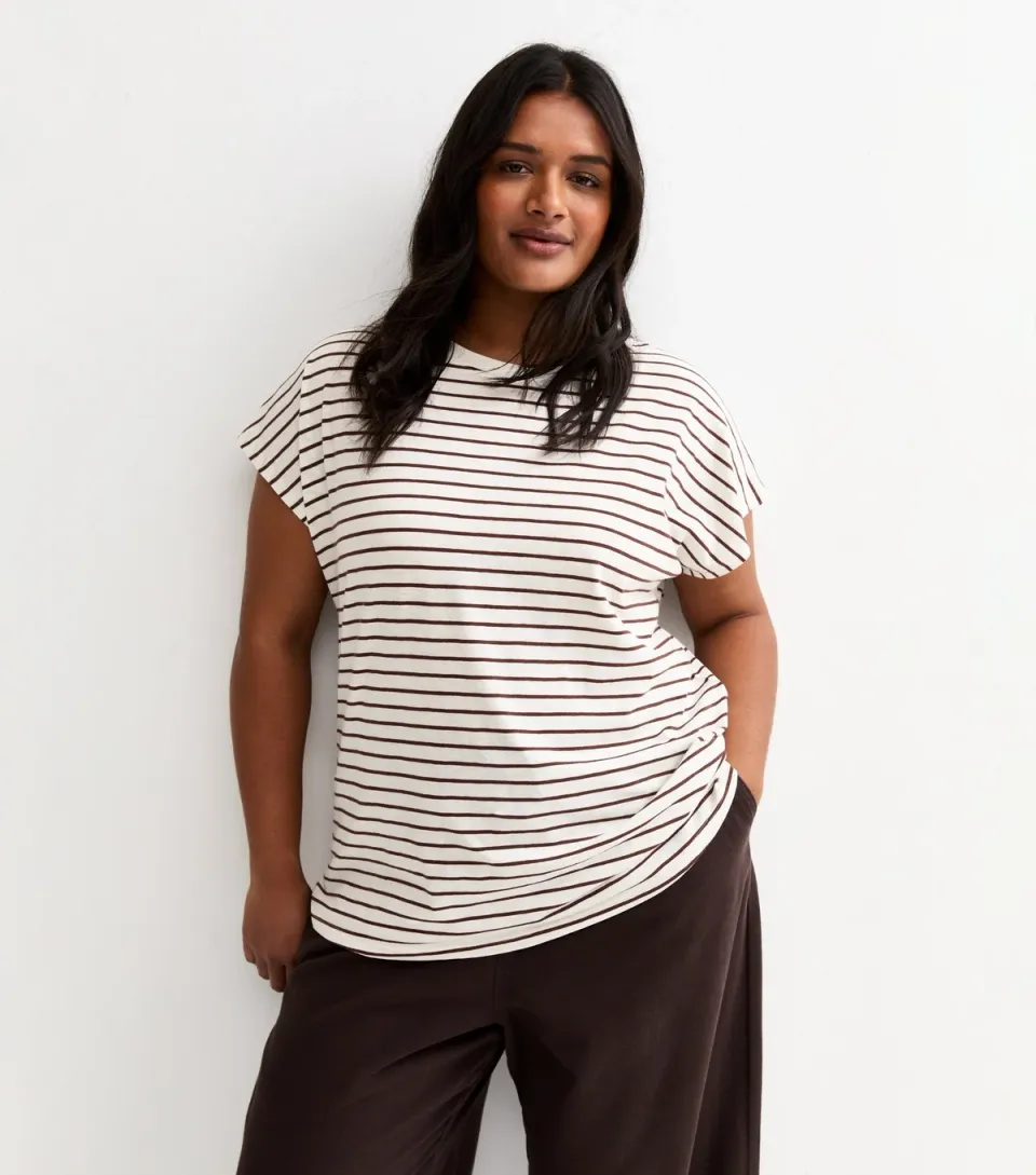 Women's Plus Size Cream and Brown Stripe Grown On Sleeves T-Shirt Curves