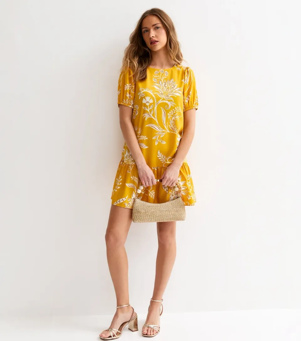 Women's Yellow Crepe Leaf Print Smock Mini Dress