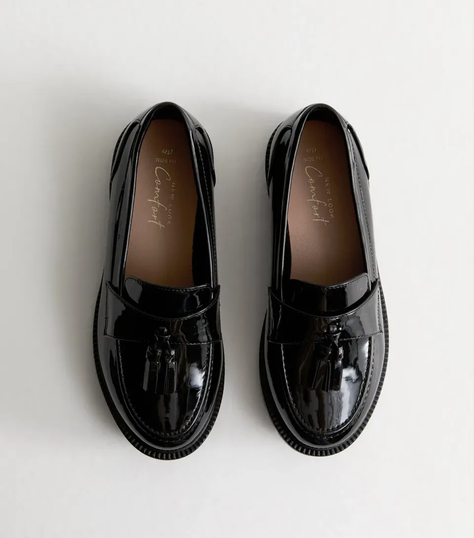 Women's Wide Fit Black Patent Chunky Tassel Loafers Vegan