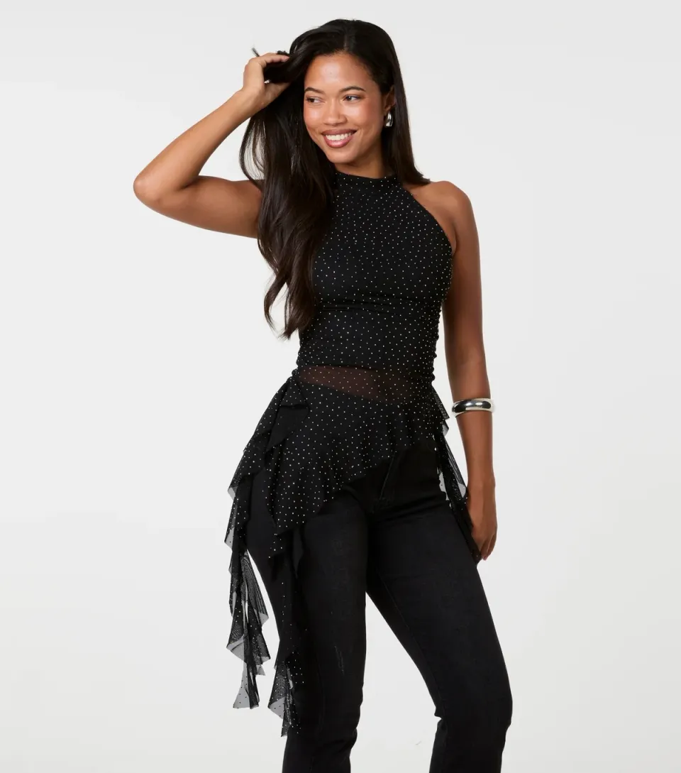 Women's Black Diamante High Neck Frill Trim Top