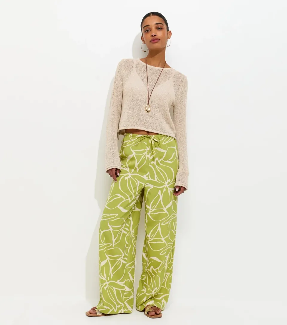 Women's Green Crepe Sketch Floral Print Wide Leg Trousers