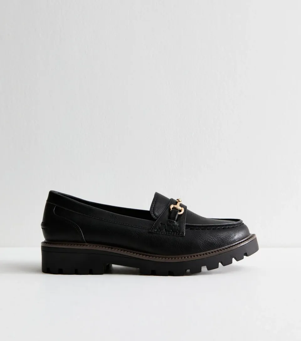 Women's Black Faux Leather Buckle Detail Loafers Vegan