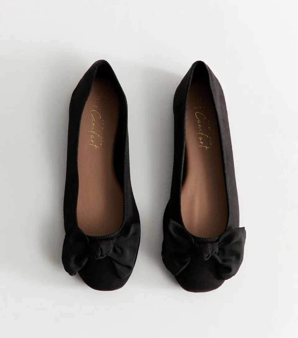Women's Wide Fit Black Faux Suede Bow Ballet Flats Vegan