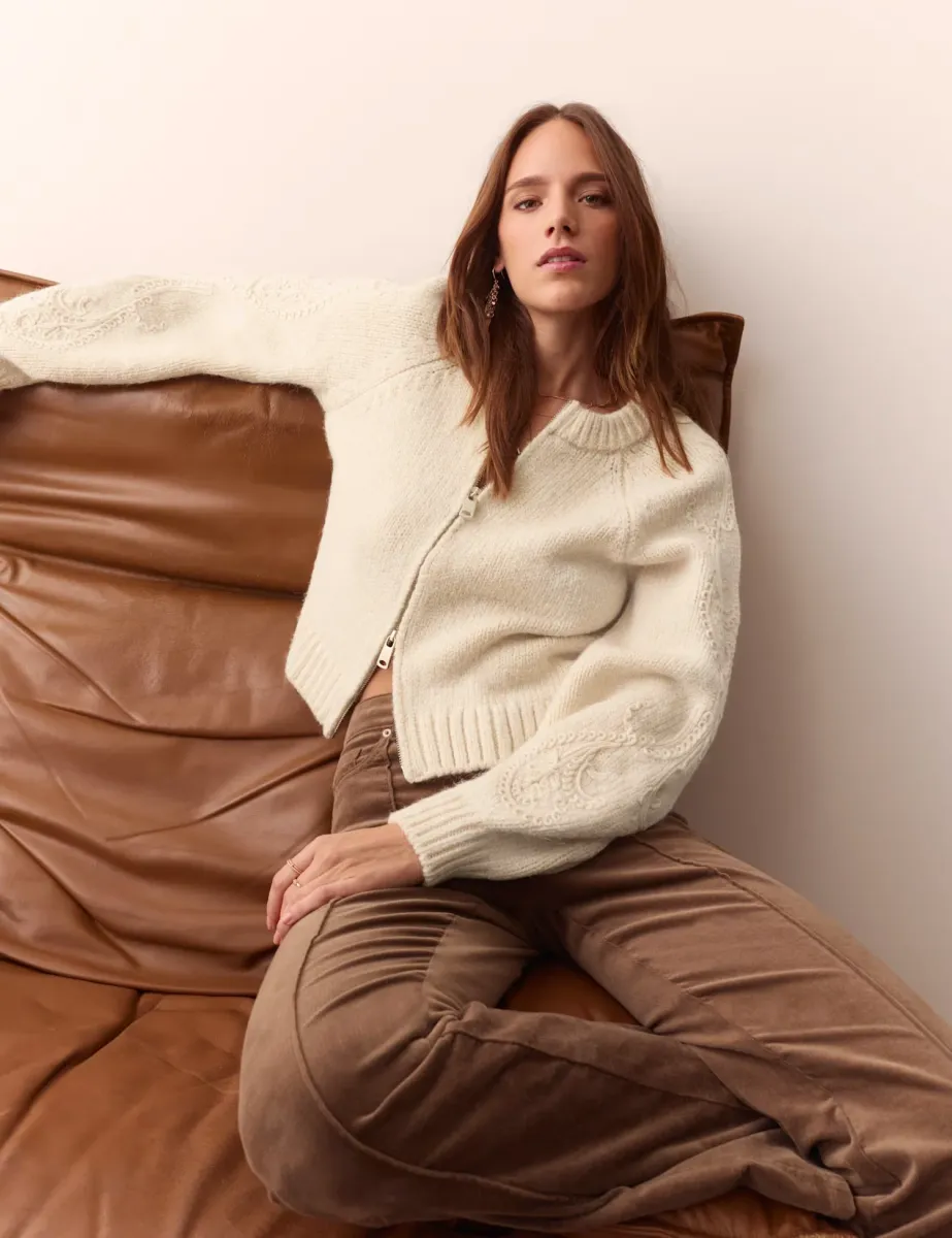 Cornelli Sleeve Textured Bomber Cardigan Natural